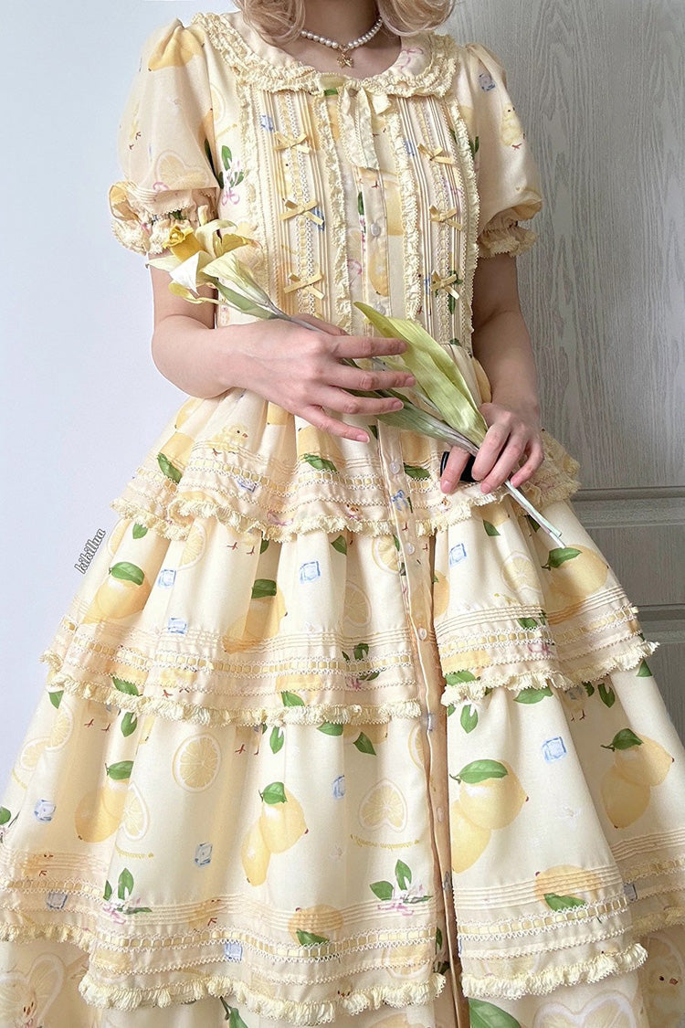 Sweet Lolita Dress - Lemon Chicken, Yellow, Layered, Bow Detail, Lace Trim - additional product view 4
