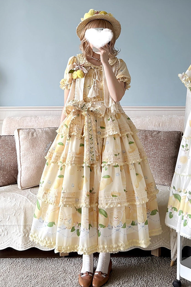 Sweet Lolita Dress - Lemon Chicken, Yellow, Layered, Bow Detail, Lace Trim - main product image