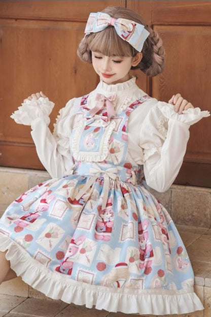 Sweet Lolita Dress - Letter From Showa, Blue, Bow Detail, Ruffled, Printed - additional product view 2