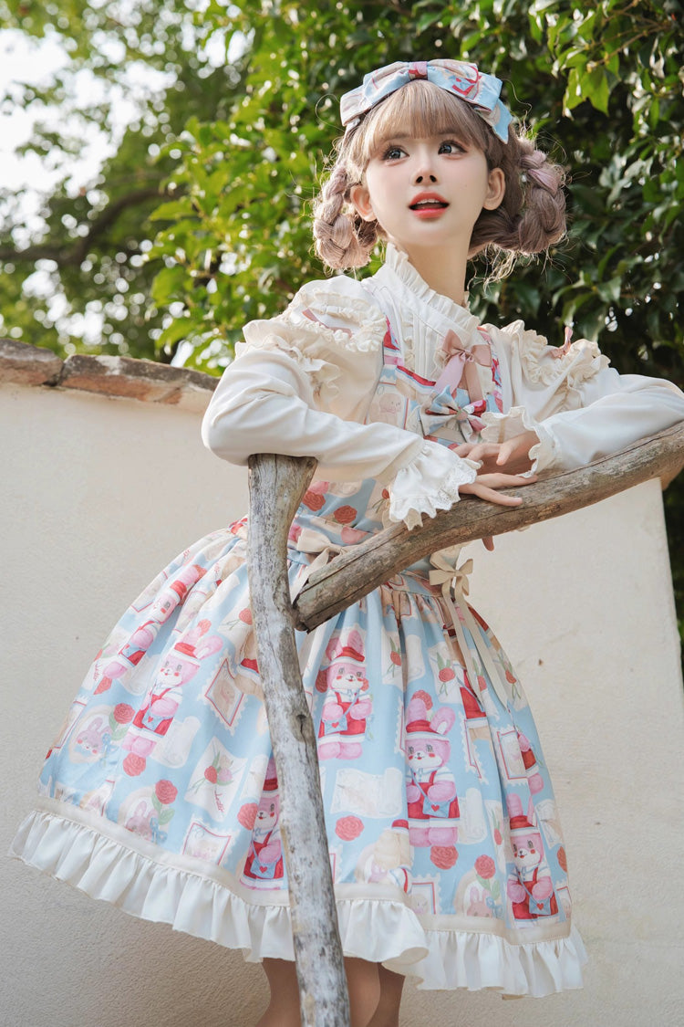 Sweet Lolita Dress - Letter From Showa, Blue, Bow Detail, Ruffled, Printed - additional product view 3