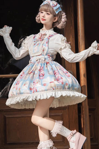 Sweet Lolita Dress - Letter From Showa, Blue, Bow Detail, Ruffled, Printed - additional product view 4