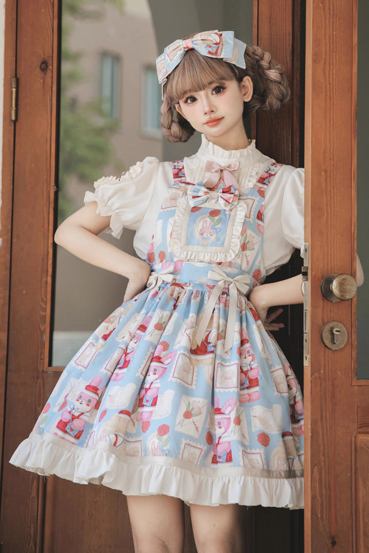 Sweet Lolita Dress - Letter From Showa, Blue, Bow Detail, Ruffled, Printed - main product image
