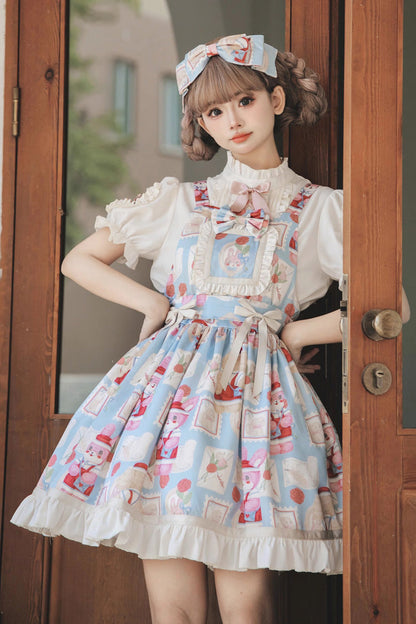 Sweet Lolita Dress - Letter From Showa, Blue, Bow Detail, Ruffled, Printed - main product image