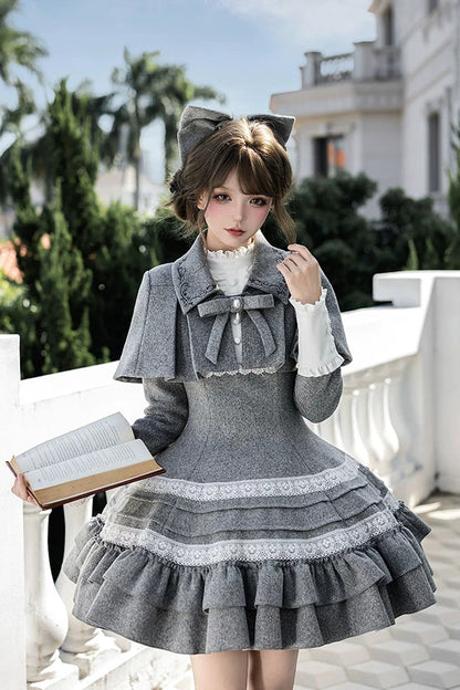 Sweet Lolita Dress - Letters And Poems · Old Memories, Gray, Stand Collar, Classic Style - additional product view 3