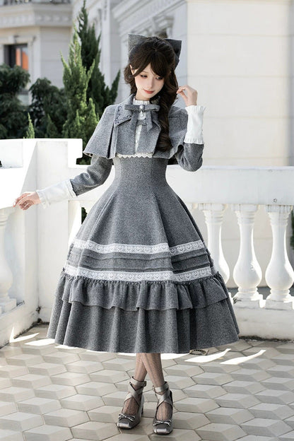 Sweet Lolita Dress - Letters And Poems · Old Memories, Gray, Stand Collar, Classic Style - S Grey(Long-Version) / M Grey(Long-Version) / L Grey(Long-Version) option