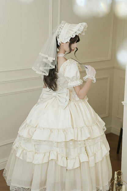 Sweet Lolita Dress - Letters And Poems, White, Square Collar, Bow Detail, Ruffled - additional product view 2