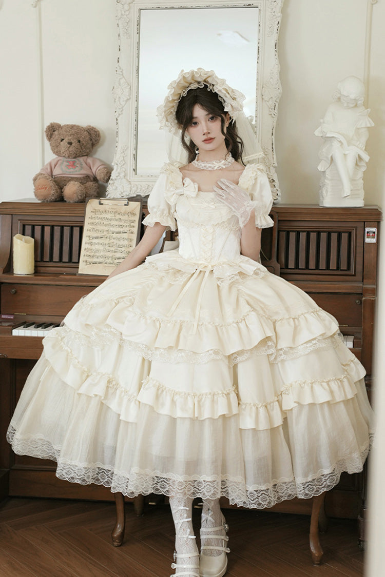 Sweet Lolita Dress - Letters And Poems, White, Square Collar, Bow Detail, Ruffled - additional product view 4