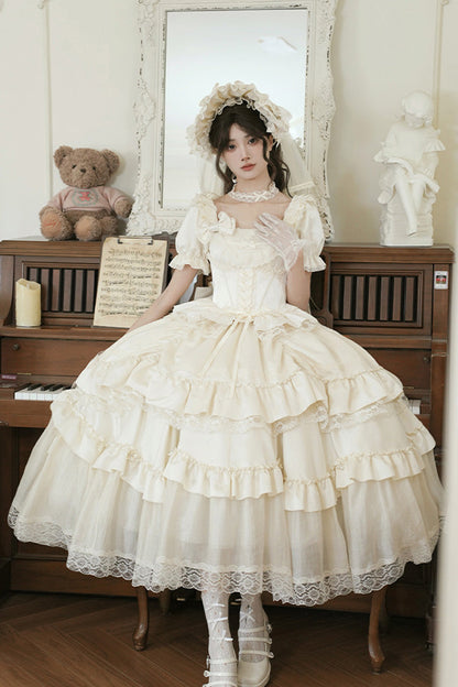 Sweet Lolita Dress - Letters And Poems, White, Square Collar, Bow Detail, Ruffled - additional product view 4
