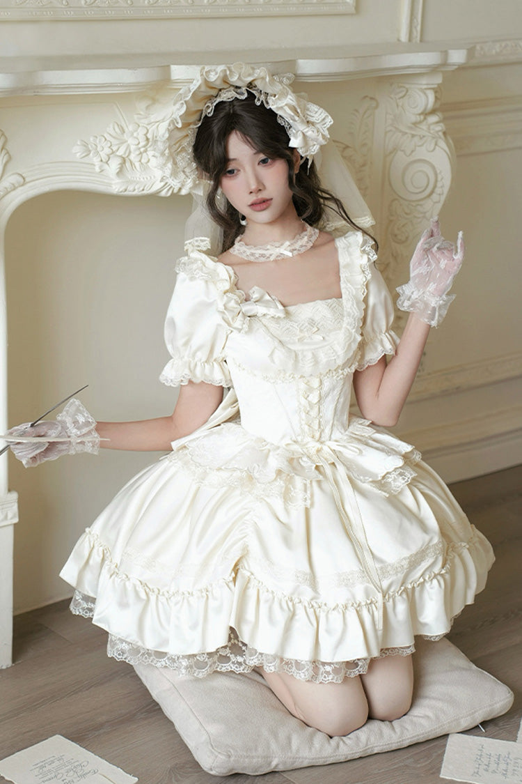 Sweet Lolita Dress - Letters And Poems, White, Square Collar, Bow Detail, Ruffled - additional product view 6
