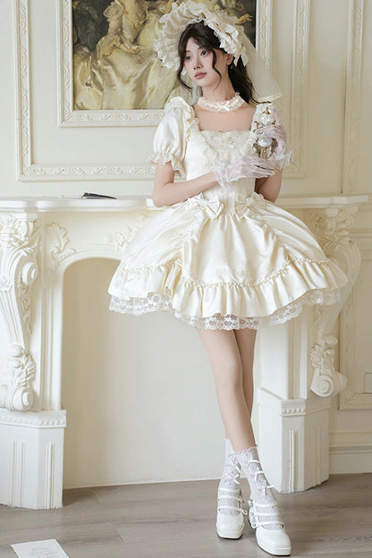 Sweet Lolita Dress - Letters And Poems, White, Square Collar, Bow Detail, Ruffled - additional product view 8