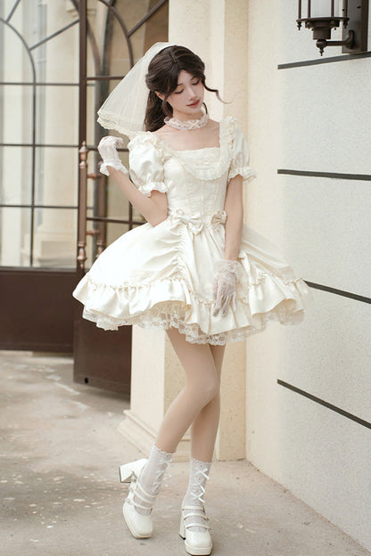 Sweet Lolita Dress - Letters And Poems, White, Square Collar, Bow Detail, Ruffled - additional product view 9