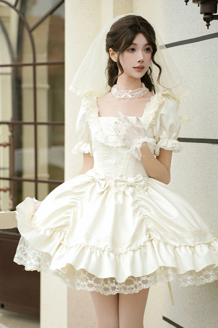 Sweet Lolita Dress - Letters And Poems, White, Square Collar, Bow Detail, Ruffled - additional product view 10