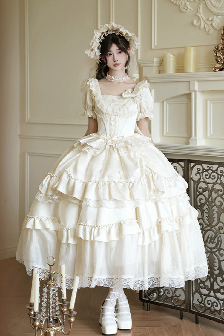 Sweet Lolita Dress - Letters And Poems, White, Square Collar, Bow Detail, Ruffled - main product image