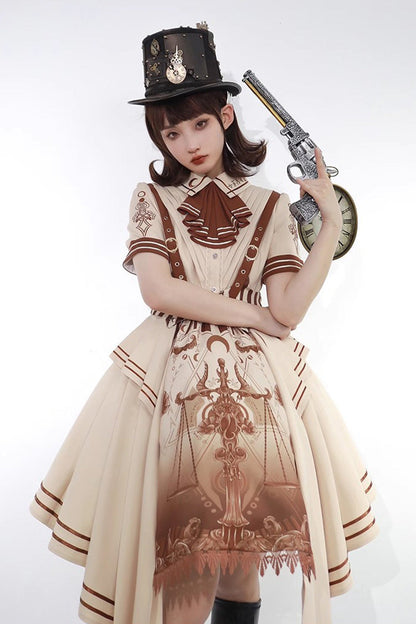 Sweet Lolita Dress - Libra Print Vintage, Brown, Printed, Punk Style, Bow Detail - additional product view 3