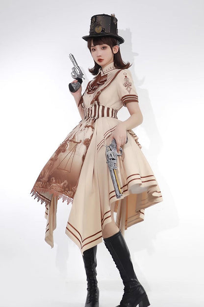 Sweet Lolita Dress - Libra Print Vintage, Brown, Printed, Punk Style, Bow Detail - additional product view 4