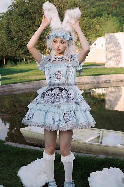 Sweet Lolita Dress - Light Blue Doll Theater, Blue, Detachable Detail, Ruffled, Printed - additional product view 2