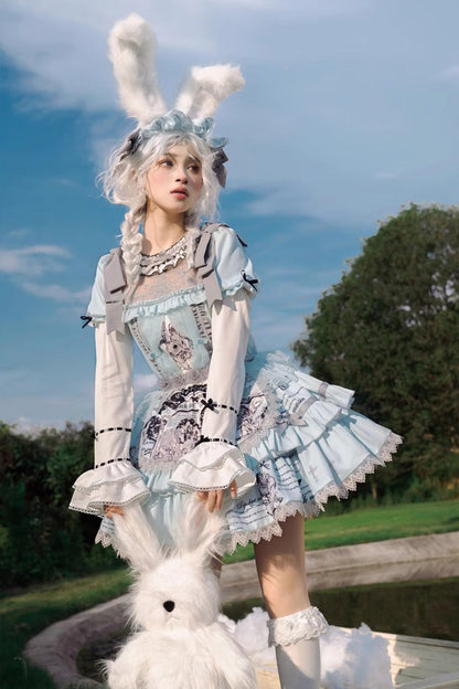 Sweet Lolita Dress - Light Blue Doll Theater, Blue, Detachable Detail, Ruffled, Printed - additional product view 3