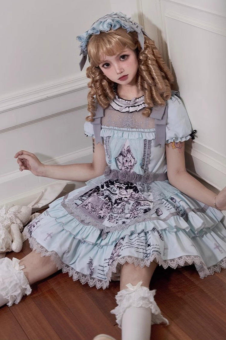 Sweet Lolita Dress - Light Blue Doll Theater, Blue, Detachable Detail, Ruffled, Printed - additional product view 4