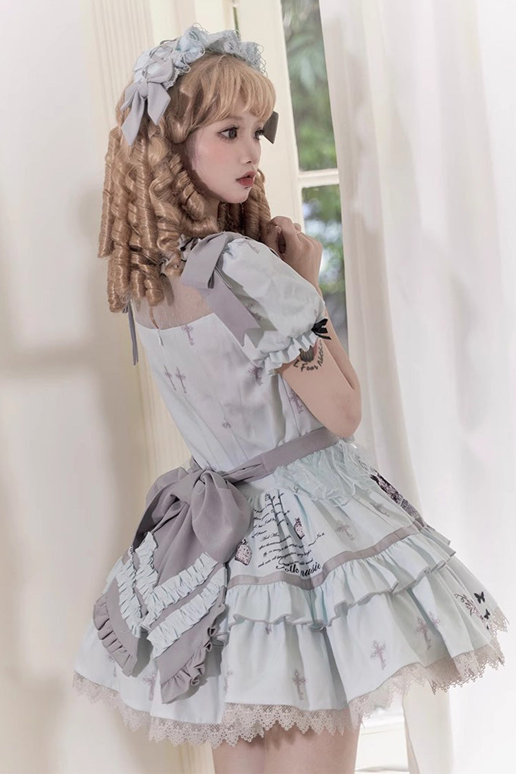 Sweet Lolita Dress - Light Blue Doll Theater, Blue, Detachable Detail, Ruffled, Printed - additional product view 6
