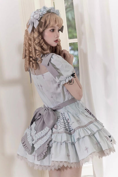 Sweet Lolita Dress - Light Blue Doll Theater, Blue, Detachable Detail, Ruffled, Printed - additional product view 6