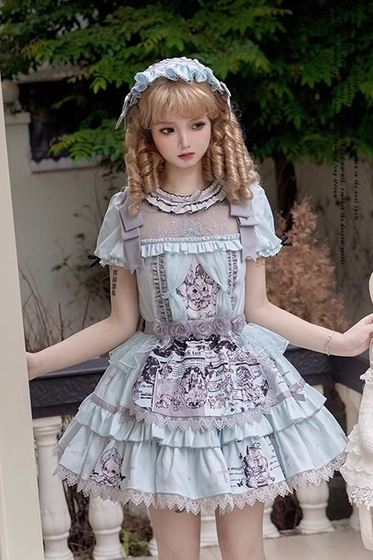Sweet Lolita Dress - Light Blue Doll Theater, Blue, Detachable Detail, Ruffled, Printed - main product image