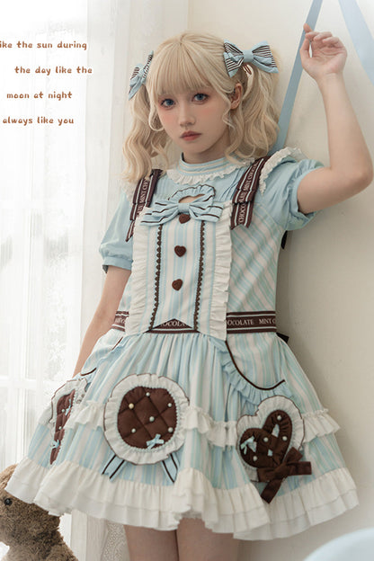 Sweet Lolita Dress - Light Blue Sea Salt Cookies, Blue, Printed, Bow Detail, Ruffled - main product image