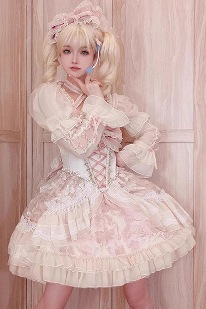 Sweet Lolita Dress - Lilibet, Pink, Ruffled, Printed, Bow Detail - main product image