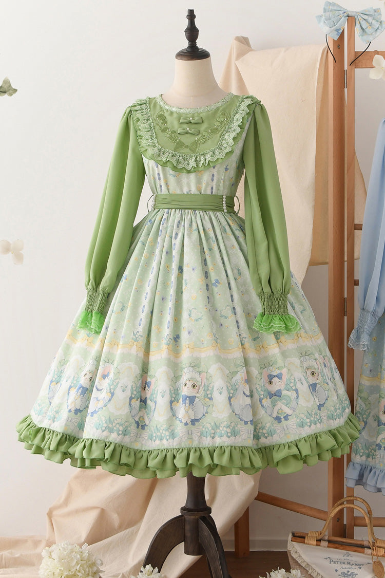Sweet Lolita Dress - Lily Of The Valley Cat, Green, Ruffled, Printed, Embroidered - additional product view 2
