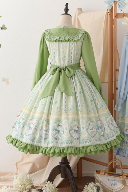 Sweet Lolita Dress - Lily Of The Valley Cat, Green, Ruffled, Printed, Embroidered - additional product view 4