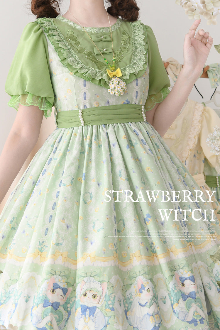 Sweet Lolita Dress - Lily Of The Valley Cat, Green, Ruffled, Printed, Embroidered - additional product view 5