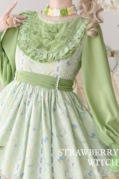 Sweet Lolita Dress - Lily Of The Valley Cat, Green, Ruffled, Printed, Embroidered - additional product view 6