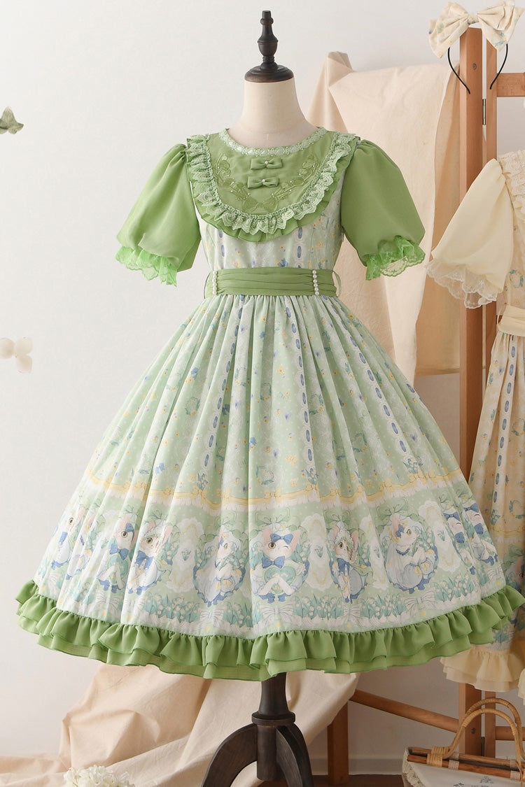 Sweet Lolita Dress - Lily Of The Valley Cat, Green, Ruffled, Printed, Embroidered - additional product view 7