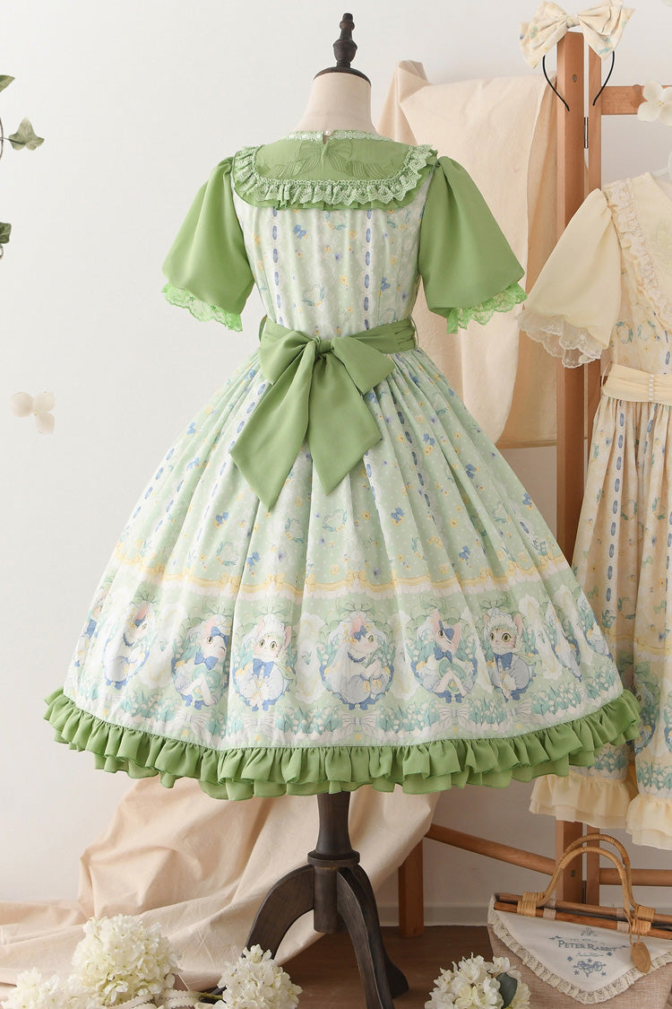 Sweet Lolita Dress - Lily Of The Valley Cat, Green, Ruffled, Printed, Embroidered - additional product view 8