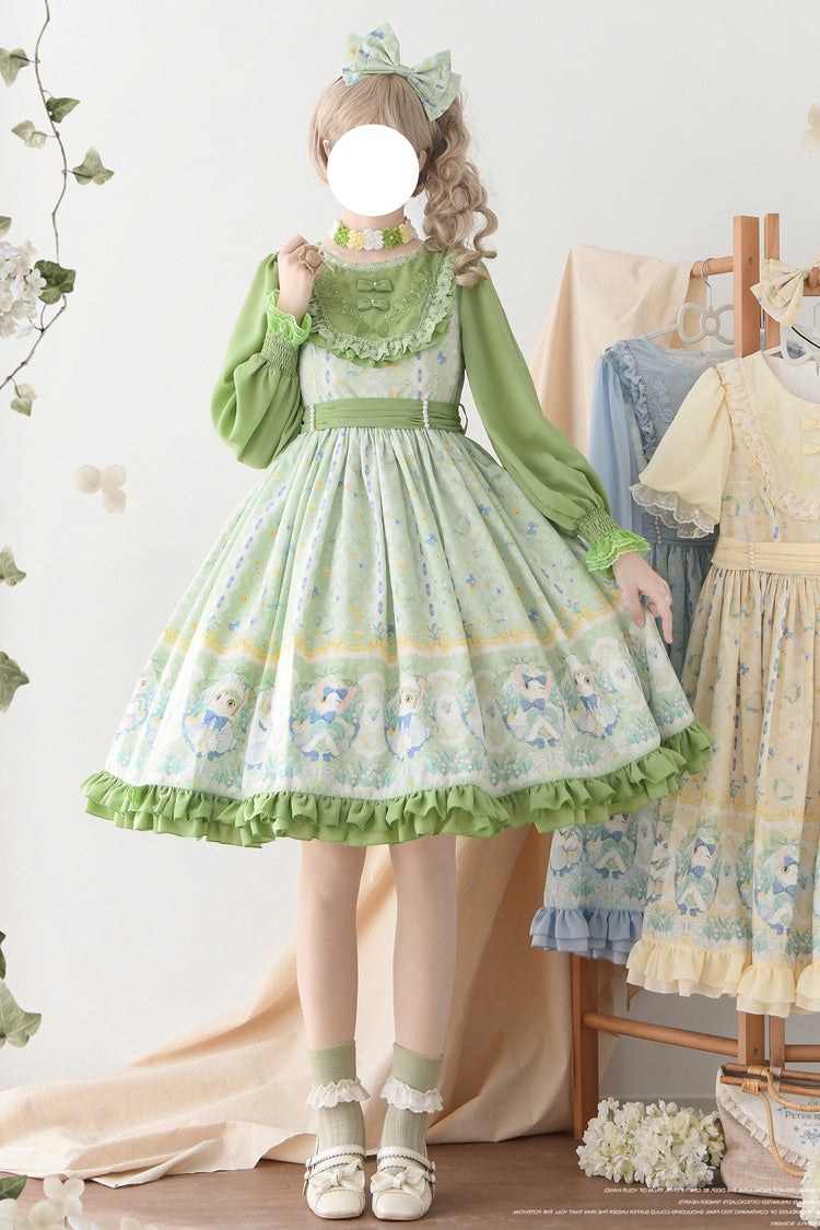 Sweet Lolita Dress - Lily Of The Valley Cat, Green, Ruffled, Printed, Embroidered - main product image
