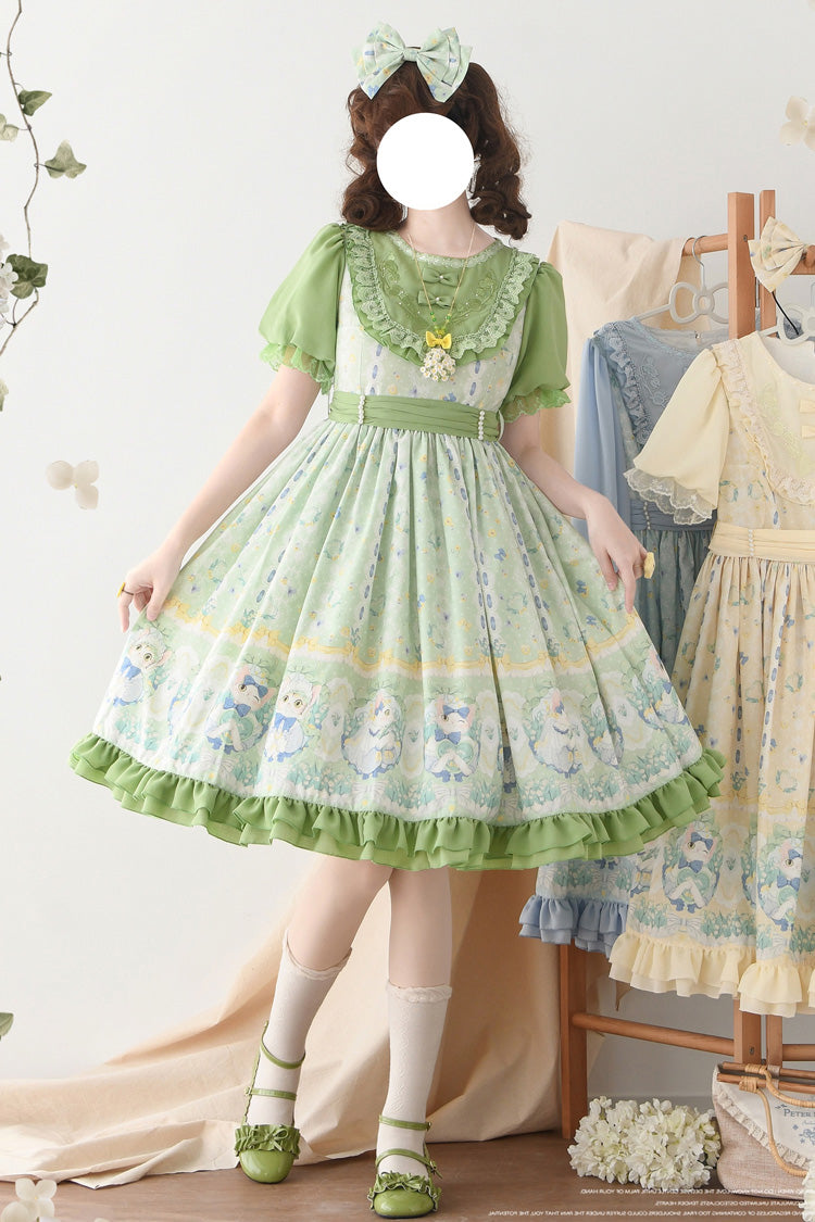 Sweet Lolita Dress - Lily Of The Valley Cat, Green, Ruffled, Printed, Embroidered - S Green Short Sleeve / M Green Short Sleeve / L Green Short Sleeve option