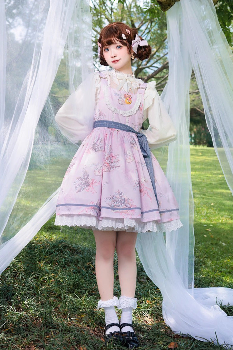 Sweet Lolita Dress - Lily Of The Valley Rabbit, Pink, Bow Detail, Ruffled, Printed - additional product view 3