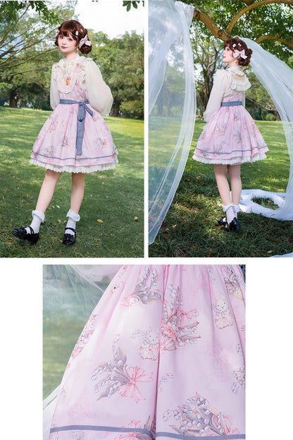 Sweet Lolita Dress - Lily Of The Valley Rabbit, Pink, Bow Detail, Ruffled, Printed - additional product view 4