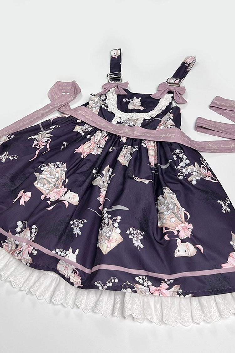 Sweet Lolita Dress - Lily Of The Valley Rabbit, Pink, Bow Detail, Ruffled, Printed - S Purple / M Purple / L Purple option