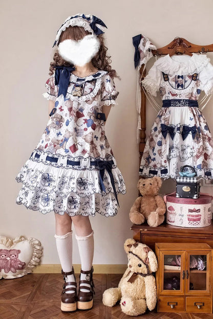 Sweet Lolita Dress - Little Bear Tailor, Multi-Color, Printed, Layered, Bow Detail - main product image