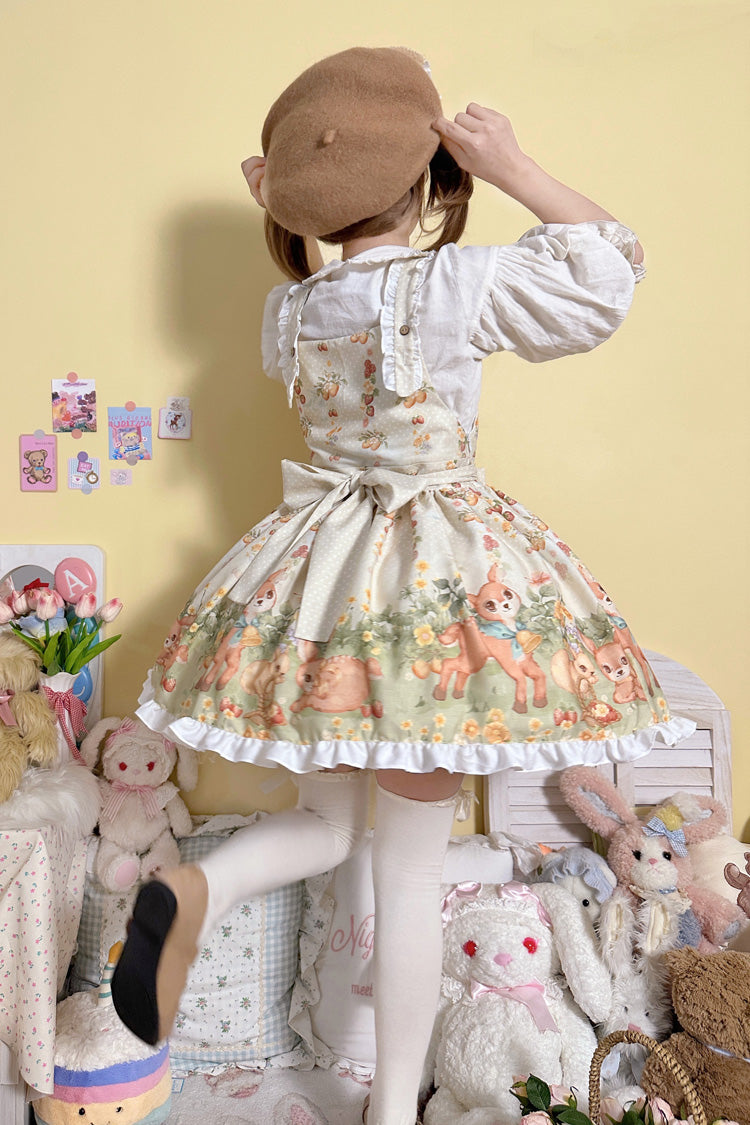 Sweet Lolita Dress - Little Deer Gathering, Multi-Color, Printed, Bow Detail, Ruffled - additional product view 3