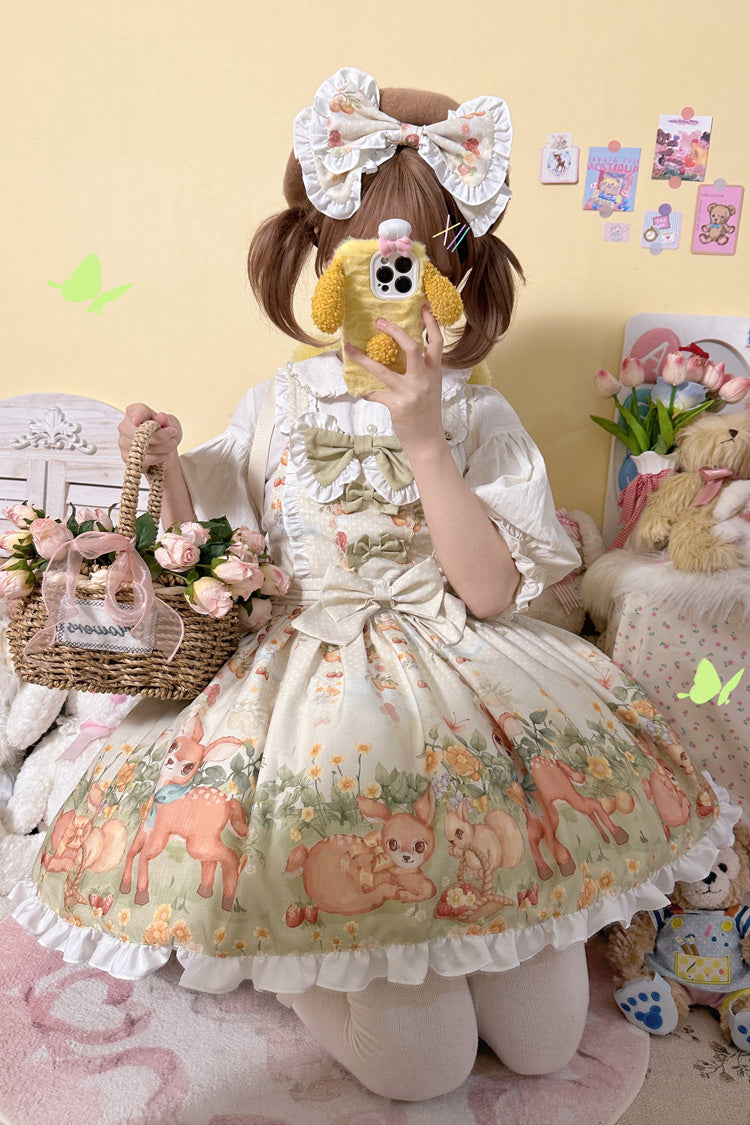 Sweet Lolita Dress - Little Deer Gathering, Multi-Color, Printed, Bow Detail, Ruffled - additional product view 4