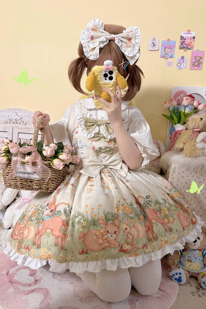 Sweet Lolita Dress - Little Deer Gathering, Multi-Color, Printed, Bow Detail, Ruffled - additional product view 4