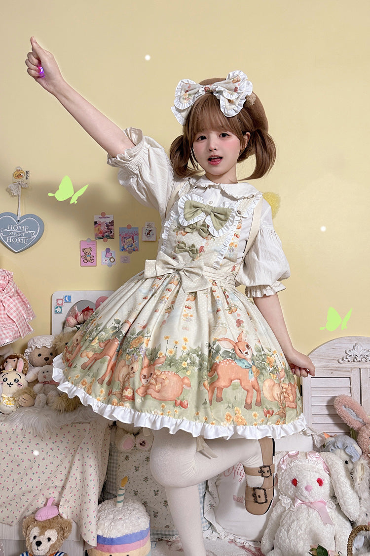 Sweet Lolita Dress - Little Deer Gathering, Multi-Color, Printed, Bow Detail, Ruffled - additional product view 5