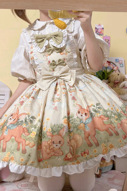 Sweet Lolita Dress - Little Deer Gathering, Multi-Color, Printed, Bow Detail, Ruffled - additional product view 6