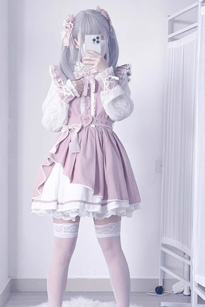 Sweet Lolita Dress - Little Idol, 6 Colors, Bow Detail, Lace Trim, Ruffled - S Pink/White / M Pink/White / L Pink/White option