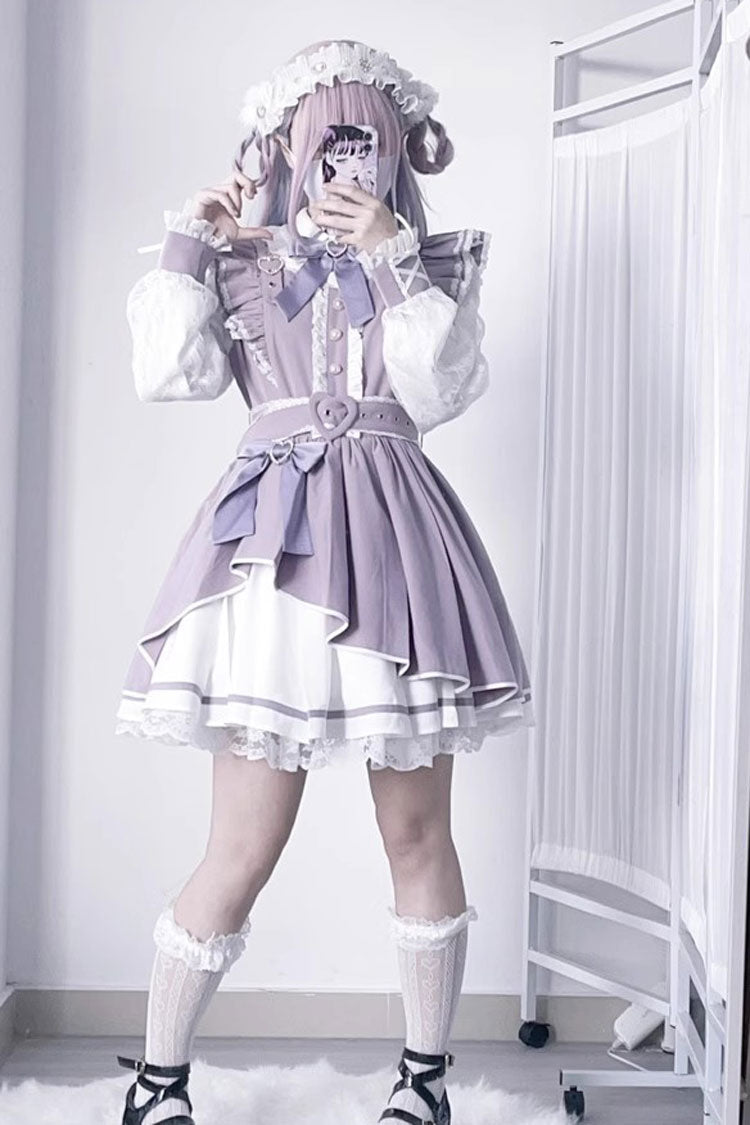 Sweet Lolita Dress - Little Idol, 6 Colors, Bow Detail, Lace Trim, Ruffled - S Purple/White / M Purple/White / L Purple/White option