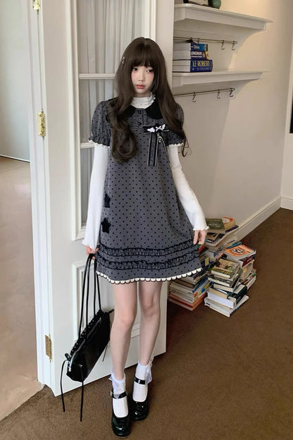 Sweet Lolita Dress - Little Star Wish, Gray, Bow Detail, Printed, Classic Style - additional product view 2