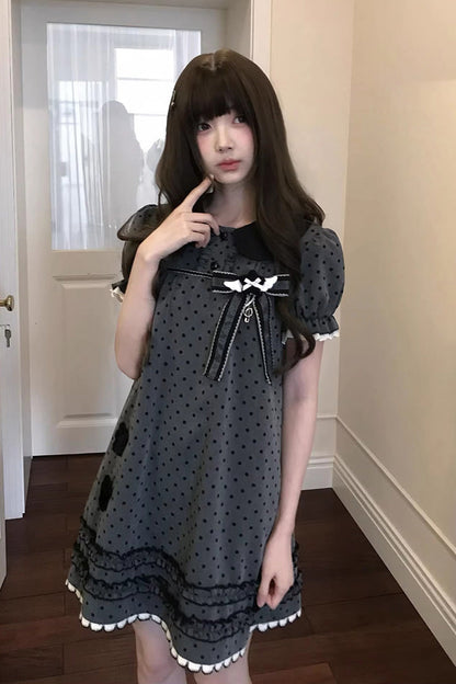 Sweet Lolita Dress - Little Star Wish, Gray, Bow Detail, Printed, Classic Style - additional product view 3