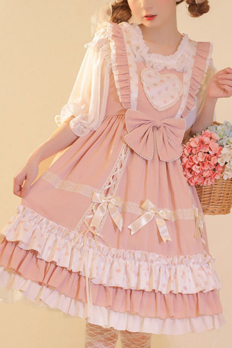 Sweet Lolita Dress - Love Plaid Polka Point Big, 2 Colors, Plaid, Bow Detail - S pink / M pink / L pink option