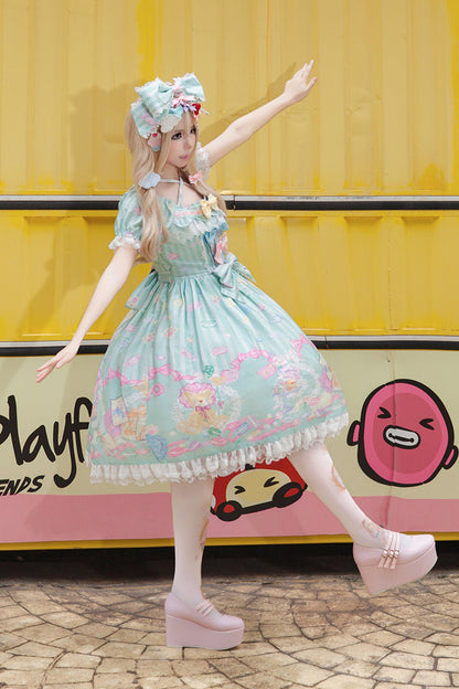 Sweet Lolita Dress - Macaron Dolly House, 3 Colors, Printed, Bow Detail - additional product view 2